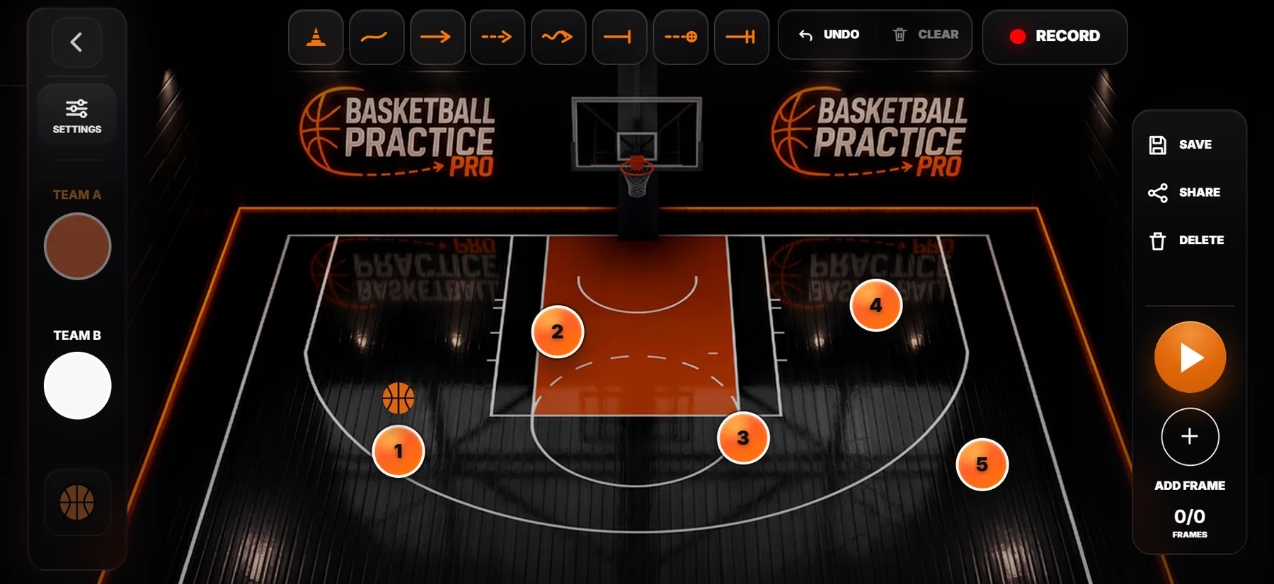 The animated coaching board with a play set up on the court