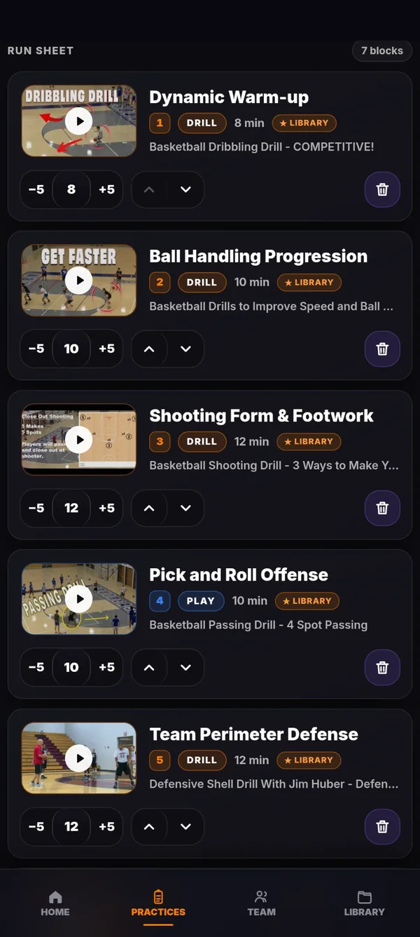 A practice run sheet with a video on every block